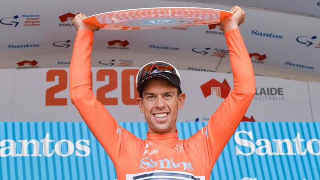 Australian rider Richie Porte celebrates his second Tour Down Under title. Picture: Brenton Edwards/AFP