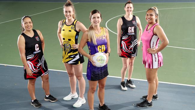 Cairns Netball Association's Senior Division 1 season starts this Wednesday night. Saints' Moera Blair, Tigers' Rachel Campion, Phoenix's Akayla Peterson, Saints' Amanda Cole and Leprechauns' Leeahna Ratima ready to play. PICTURE: STEWART McLEAN