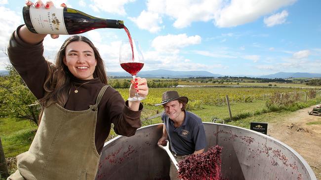 Yering Farm winery workers Ronan Johns and Rachael Evans are urging people to support small producers during the coronavirus pandemic. Picture: Ian Currie