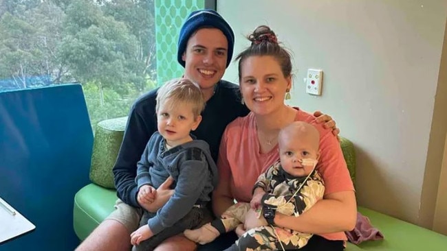 Jake and Tioni with Mason and Zarliah, from Creswick. Five-month-old Zarliah was diagnosed with a rare aggressive brain tumour in April 2023. Photo: GoFundMe