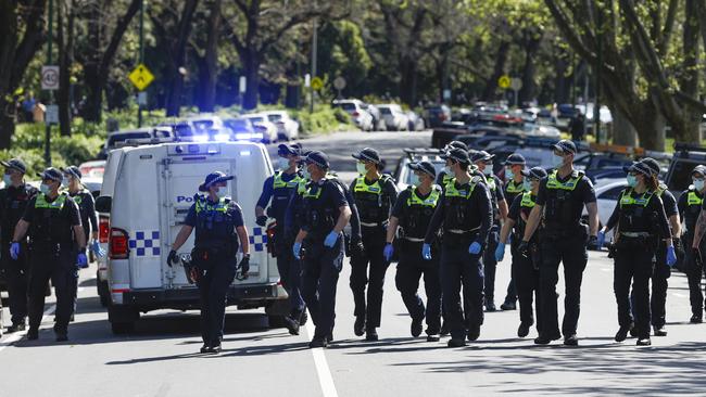 Police at an anti-lockdown demonstration. Picture: Alex Coppel