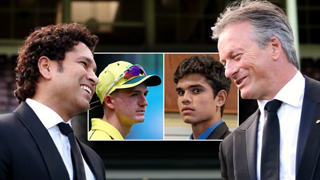 Sachin Tendulkar and Steve Waugh with their sons Austin Waugh and Arjun Tendulkar.