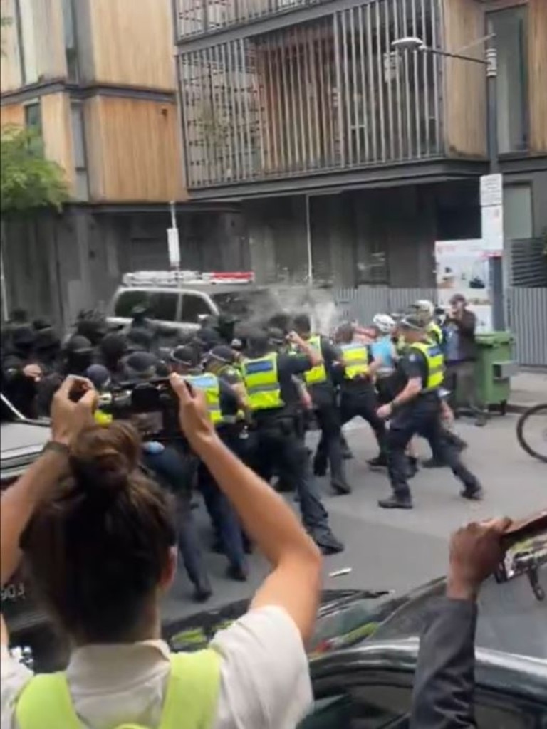 Police used pepper-spray and marched the group down a cleared street in Melbourne. Picture: X