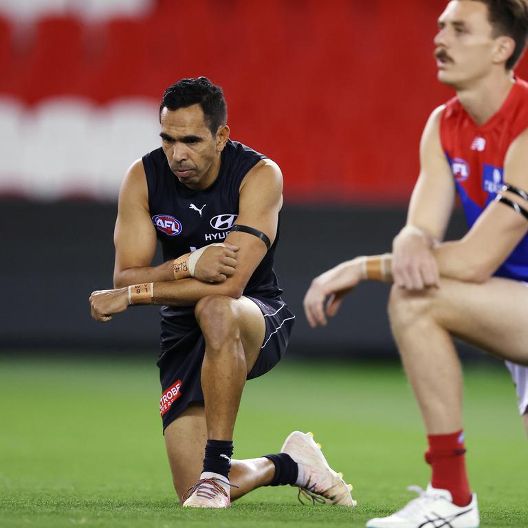 Eddie Betts drops to one knee in support of Black Lives Matter. Picture: Michael Klein