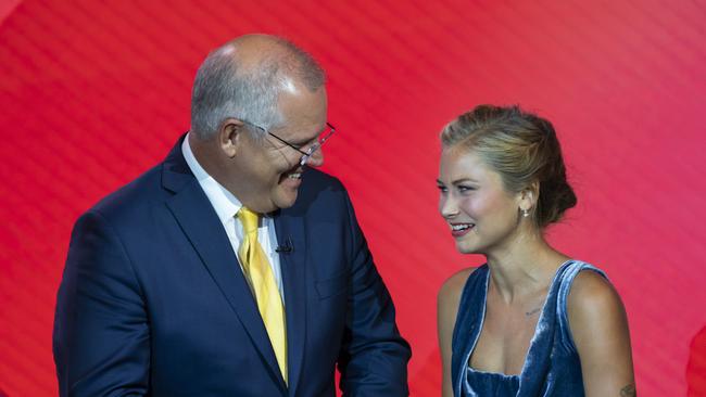 Grace Tame and Scott Morrison at the Australian of the Year awards. Picture: NCA NewsWire / Martin Ollman