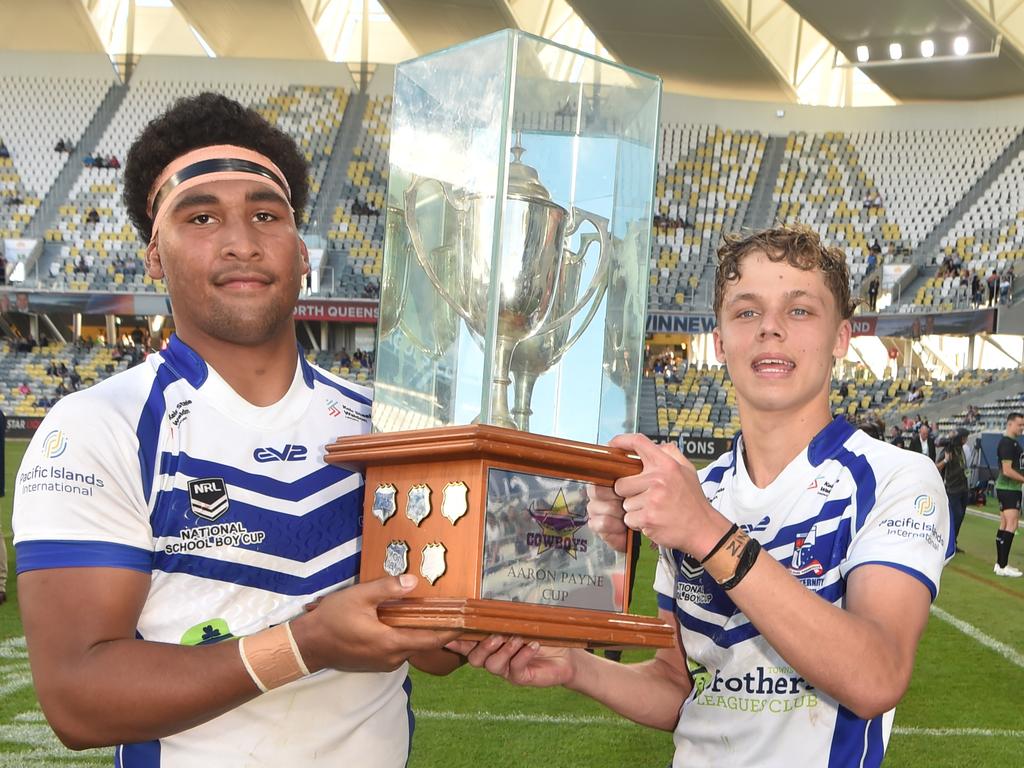 Final of the Arron Payne Cup between Ignatius Park College and St Patrick's College at the Queensland Country Bank Stadium. Ignatius Park players Jamal Shibasaki and Matthew Hunter with the trophy after the game. Picture: Evan Morgan