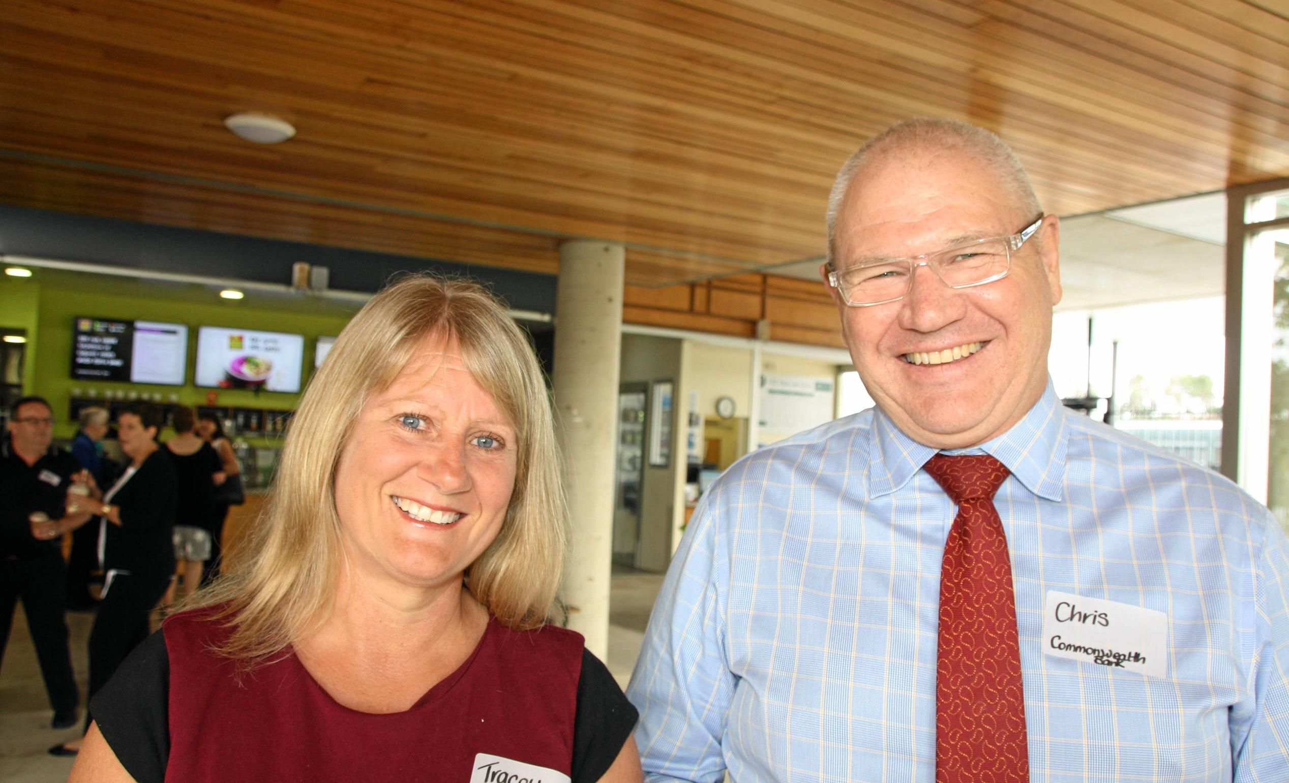 Tracey Williamson of Sunshine Coast Private Hospital and Chris Lynam of CommBank at the University of the Sunshine Coast Health and Sport Centre for the Maroochydore Chamber of Commerce coffee morning with Sunshine Coast Lightning. Picture: Erle Levey