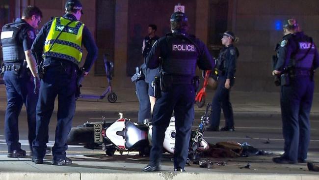 A motorcyclist has been rushed to hospital with serious injuries after a nasty crash in the CBD. Picture: 7NEWS