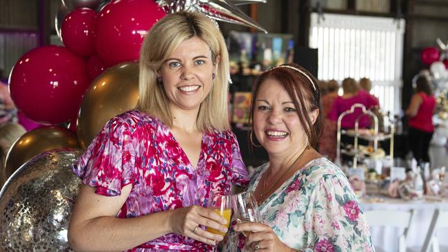 Mikaela Smith and Tracy Curless at the Pink High Tea fundraiser for Toowoomba Hospital Foundation at The Goods Shed, Saturday, October 12, 2024. Picture: Kevin Farmer