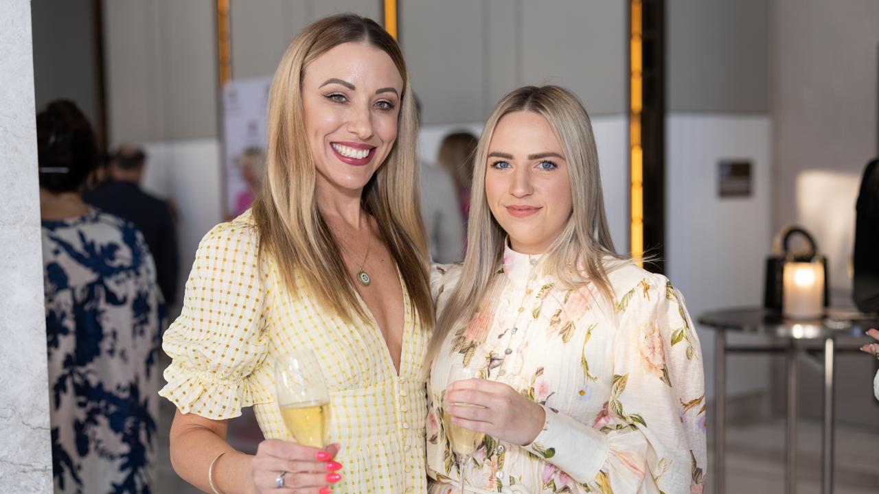 Sarah Salmon and Jackie George at Fuelled by Fashion Porsche luncheon at the Langham Hotel Gold Coast. Photo: Celeste Humphrey