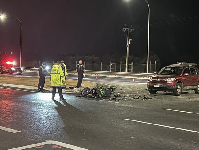 Main South Road is blocked for southbound traffic at Aldinga after a car and motorbike collided at the Malpas Road intersection. Major Crash officers are heading to the scene. picture: Natalie Vikhrov