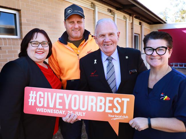 L-R Blacktown Workers Club Marketing Manager Tracey Russell, Welfare Officer Harold Becher, groundsman Geoff Cooke and Mt Druitt Hospital's palliative care ward Nursing Unit Manager Trish Dalgleish pose for photographs at the Mt Druitt Hospital's palliative care ward entrance in Mount Druitt.  Mount Druitt, Monday, July 16th 2018. Blacktown Workers club staff will revamp Mt Druitt Hospital's palliative care ward with a backyard blitz of its front entrance. (AAP Image / Angelo Velardo)