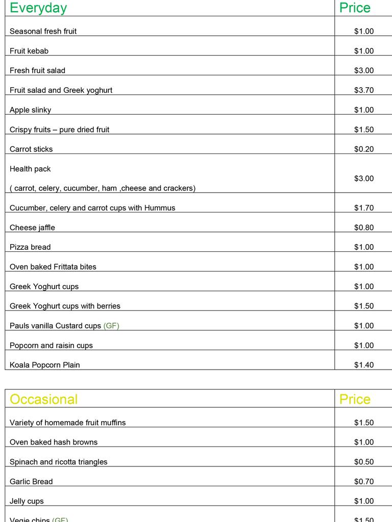 Kent Road Public School recess menu