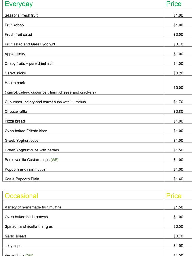 Kent Road Public School recess menu