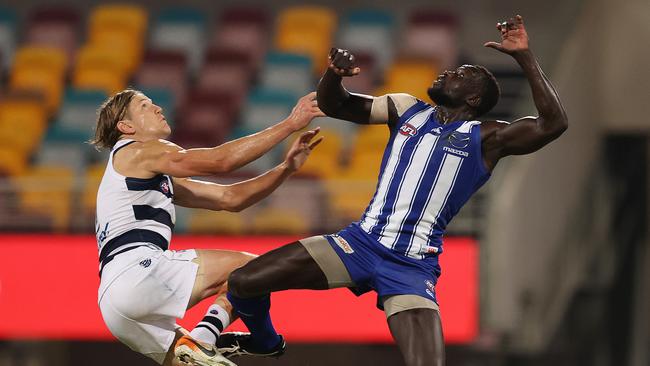 Geelong’s Rhys Stanley battles North Melbourne’s Majak Daw in the ruck. Picture: Michael Klein