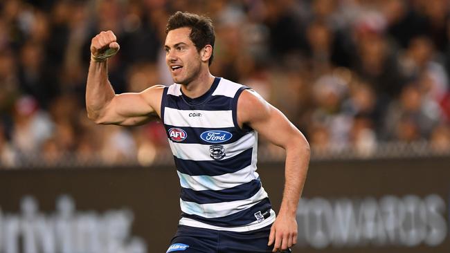 Daniel Menzel of the Cats reacts after kicking a goal during the 2017 semi-final. Picture: AAP Image/Julian Smith