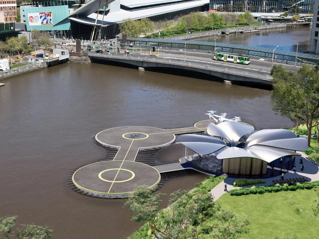 Skyportz’s plans for a vertiport on the north bank of the Yarra River at Batman Park. Picture: Contreras Earl and Pascall+Watson