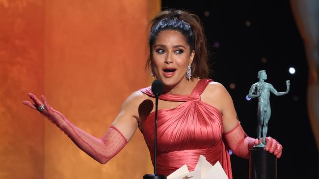 Salma Hayek broke the awkward silence by telling everyone she had stage fright. Picture: Rich Fury/Getty Images