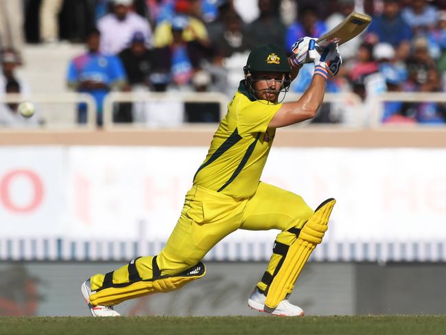 Australian cricketer Aaron Finch fell just seven runs short of a century. Picture: Dibyangshu Sarkar/AFP