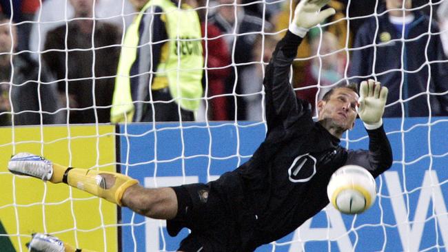 Player Mark Schwarzer saving goal. Soccer – Australia Socceroos vs Uruguay World Cup qualifying match at Telstra Stadium in Sydney 16 Nov. 2005. a/ct