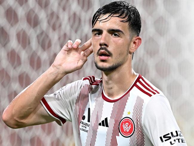 BRISBANE, AUSTRALIA - JANUARY 31: Nicolas Milanovic of the Wanderers celebrates after scoring a goal but the goal is disallowed during the round 17 A-League Men match between Brisbane Roar and Western Sydney Wanderers at Suncorp Stadium, on January 31, 2025, in Brisbane, Australia. (Photo by Bradley Kanaris/Getty Images)