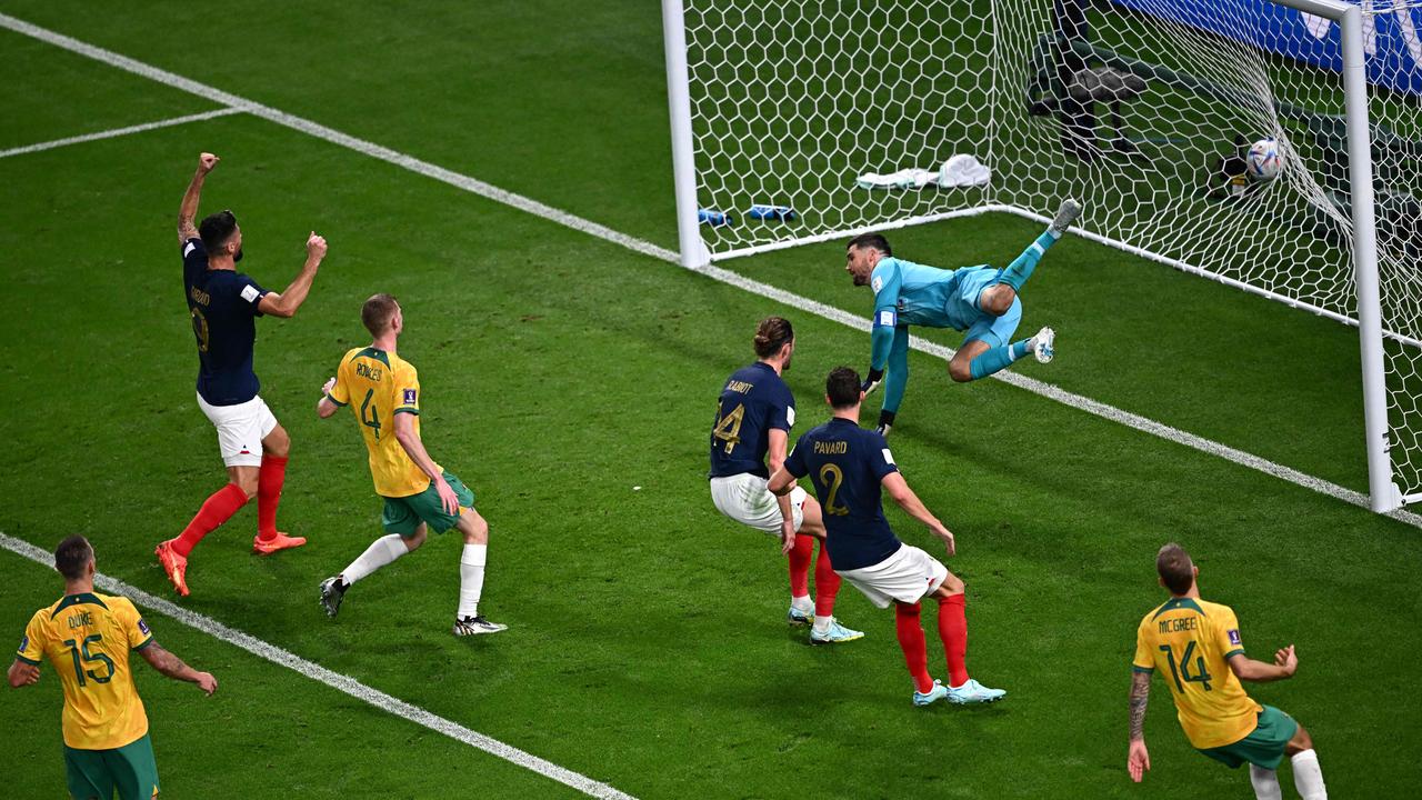 Adrien Rabiot (out of frame) heads the ball to score his team's first goal. (Photo by Anne-Christine POUJOULAT / AFP)