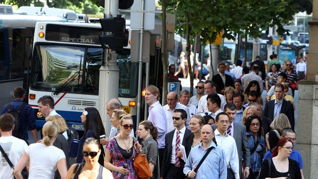 Queues at Wynyard Bus station during the morning peak hour rush in Sydney.