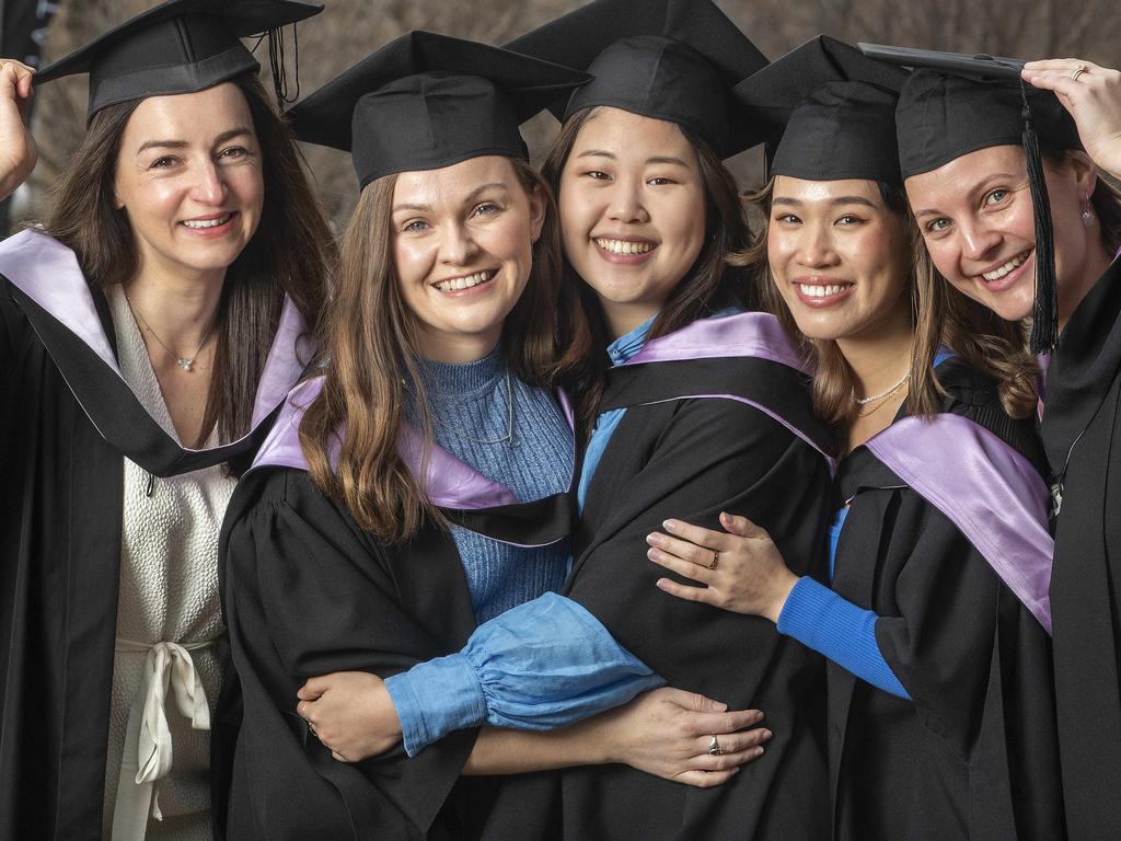 UTAS Graduation at the Hotel Grand Chancellor Hobart, Sarah Purton, Roisin Thomson, Wonny Kim, Vivian Nguyen and Jenny Atkins all of Hobart. Picture: Chris Kidd