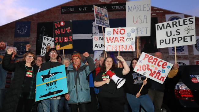 The Independent and Peaceful Australia Network protested about the AUKUS submarine alliance at Trades Hall, Geelong. Now grassroots Labor branches are objecting to the deal. Picture: Mark Wilson