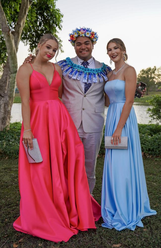 Imogen Boucher, Ioane Kaono, and Alana Gee at the Mackay North State High School formal at Windmill Function Centre, November 19, 2021. Picture: Heidi Petith