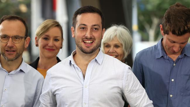 Greens leader Adam Bandt (far left) with new Member for Brisbane Stephen Bates and other Greens politicians in Brisbane. Picture: Adam Head