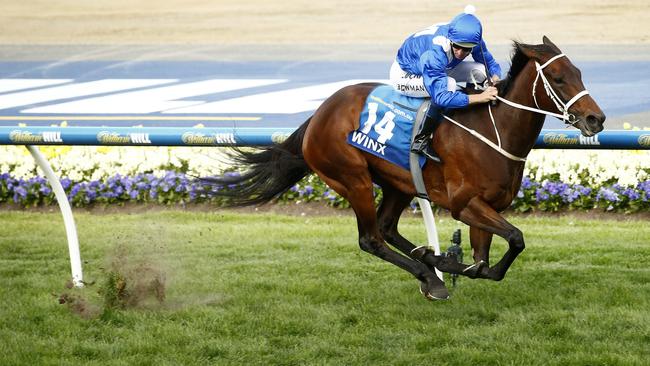 2015 Cox Plate Day at Moonee Valley Racecourse, Race9- Cox Plate, Hugh Bowman onboard Winx wins the plate. , Melbourne. 24th October 2015. Picture: Colleen Petch. Coxplate15
