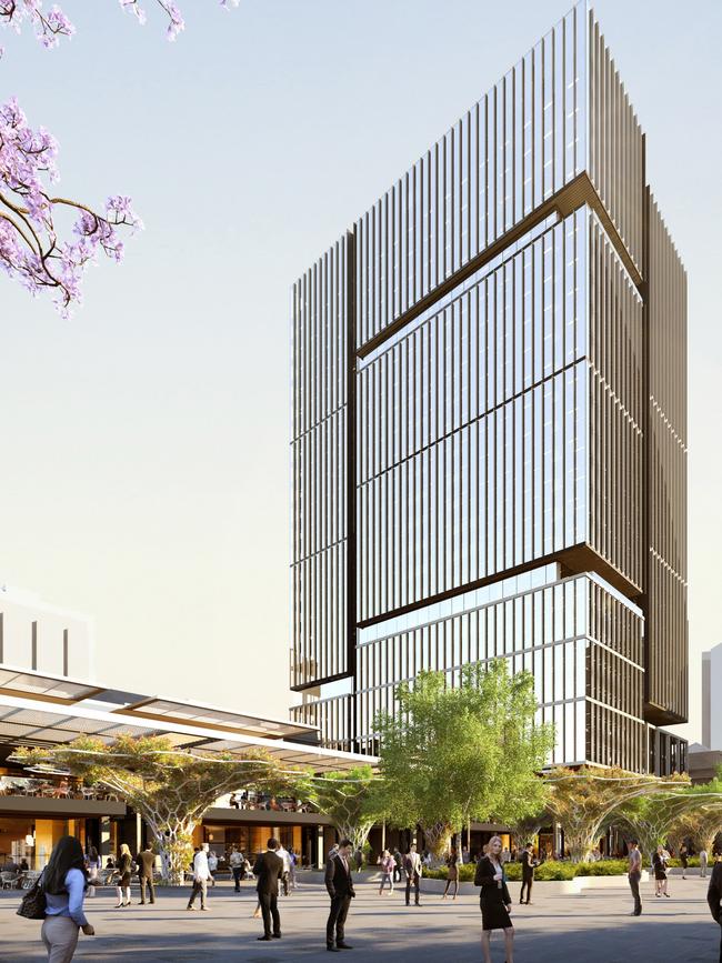 Artist impression of the Walker office tower showing the retail area to the left, and the arbours. Picture: Walker Corporation