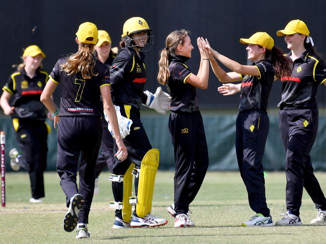 Wests bplayers celebrate  a wicketKatherine Raymont Shield women's club cricket between Sandgate Redcliffe and Wests.aturday January 15, 2022. Picture, John Gass