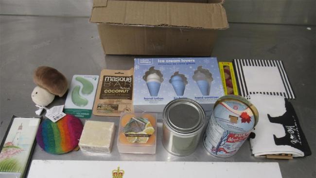 Australian Border Force officials intercepted four packages of candles from Canada which they allege contained significant amounts of pseudoephedrine – a precursor for methamphetamine. Photos: Supplied by Australian Border Force.