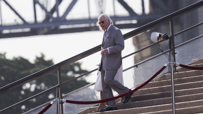 The King and Queen descend the stairs at the Sydney Opera House forecourt. Picture: Brook Mitchell/Getty Images