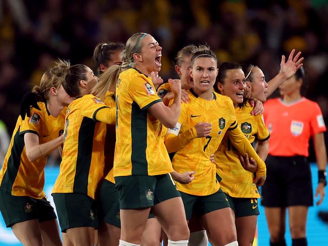 Australia's Steph Catley celebrates scoring their side's first goal of the game with team-mates during the FIFA Women's World Cup 2023, Group B match at the Sydney Football Stadium, Australia. Picture date: Thursday July 20, 2023. (Photo by Isabel Infantes/PA Images via Getty Images)