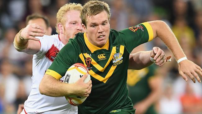 MELBOURNE, AUSTRALIA — OCTOBER 27: Jake Trbojevic of Australia is tackled during the 2017 Rugby League World Cup match between the Australian Kangaroos and England at AAMI Park on October 27, 2017 in Melbourne, Australia. (Photo by Quinn Rooney/Getty Images)