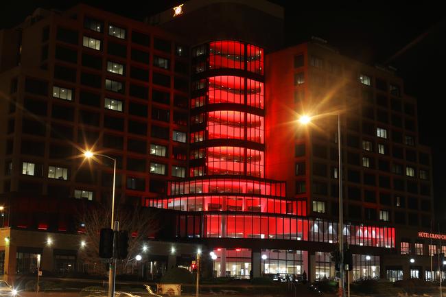 Grand Chancellor Hotel bathed in red to celebrate Dark Mofo. Picture: LUKE BOWDEN