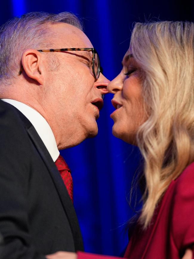 Australian Prime Minister Anthony Albanese kisses Jodie Haydon, during the Labor Party election night event. Picture: Asanka Ratnayake/Getty Images