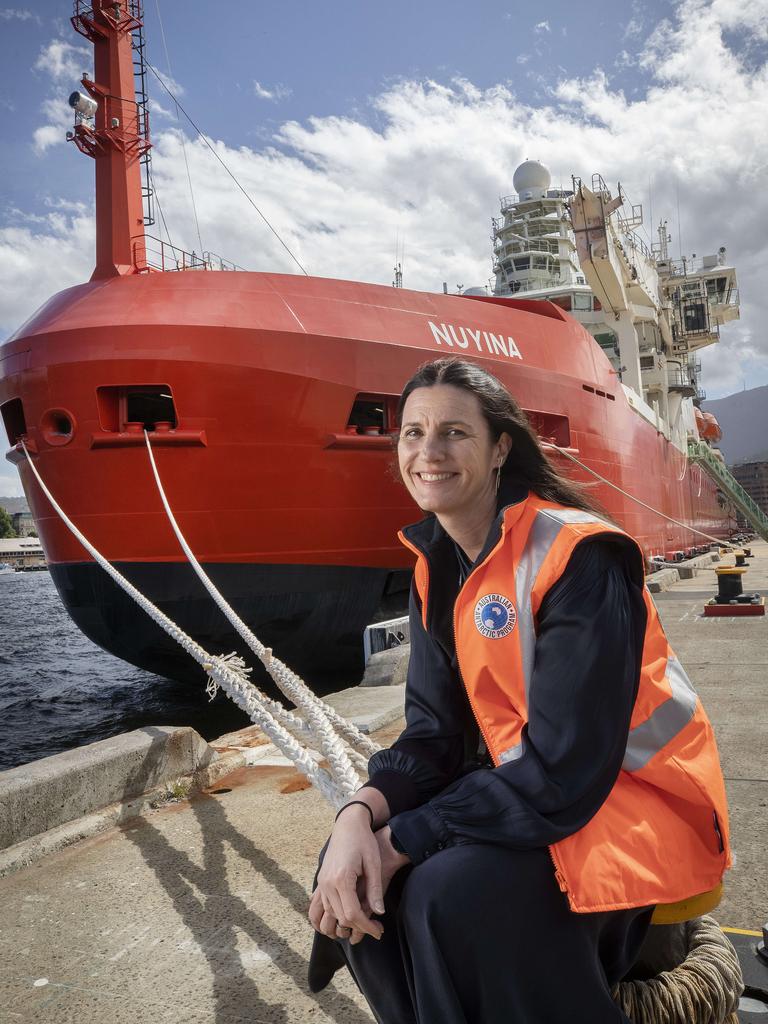 Australian Antarctic Division chief scientist Nicole Webster in front of the RSV Nuyina at Hobart. Picture: Chris Kidd