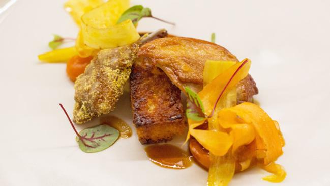 Game Farm quail, heirloom carrots, summer savory and corn bread.