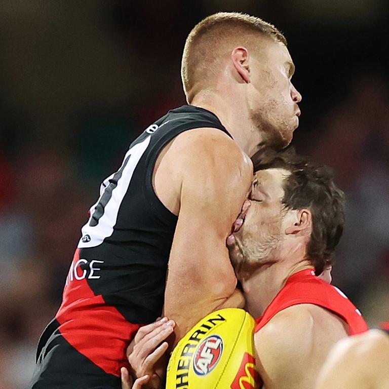 Essendon also decided earlier this season it could not appeal to have charges against Peter Wright dropped after he was sent to the tribunal for this collision with Sydney’s Harry Cunningham. Picture: Mark Metcalfe / Getty Images