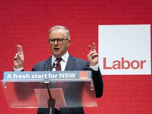 Mr Albanese addressing the state Labor faithful at Sydney’s Town Hall. Picture: NewsWire / Monique Harmer