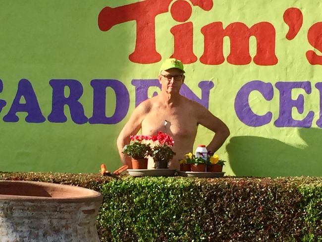 Tim Pickles got his gear off to promote World Naked Gardening Day on Channel 7’s Weekend Sunrise last year. Picture: Phil Conquest Photography