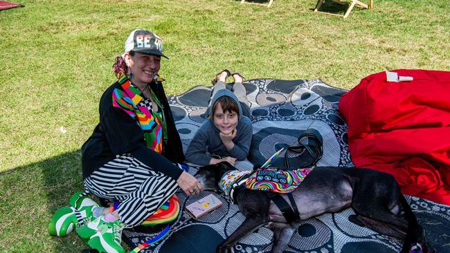 Cat Hart, Percy (dog) and Thomas Hart as Territorians celebrating all things in 2024 at the Darwin Waterfront. Picture: Pema Tamang Pakhrin