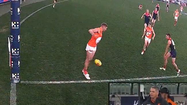 GWS forwards Harvey Thomas and Jesse Hogan were in a horror mix-up after Thomas blazed away at goal, straight into Hogan's knee. Picture: 7 AFL