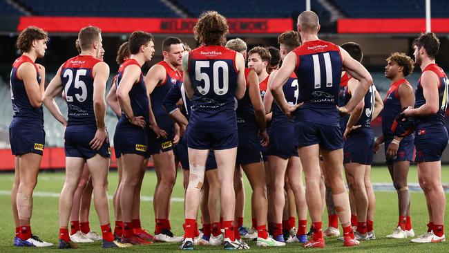 Jack Viney talks to the playing group after the Demons’ latest loss. Picture: Michael Klein