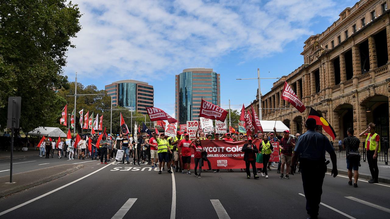 Coles workers marched from Belmore Park to Broadway during Saturday’s union action. Picture: NCA NewsWire/Bianca De Marchi