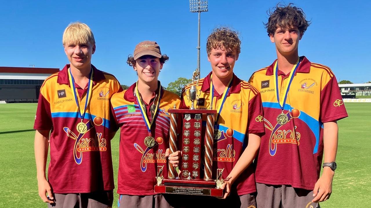 Sam Gassman (right) and his Central Queensland under-18 teammates Joshua Peckett, Cayden Kent and Riley McDonald celebrate their win at the North Queensland Zone Championships.